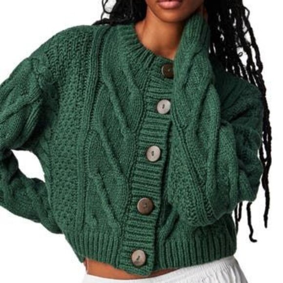 Free People Sweaters - Free People Bonfire Cable Knit Cardigan Green Crop Oversized Cozycore